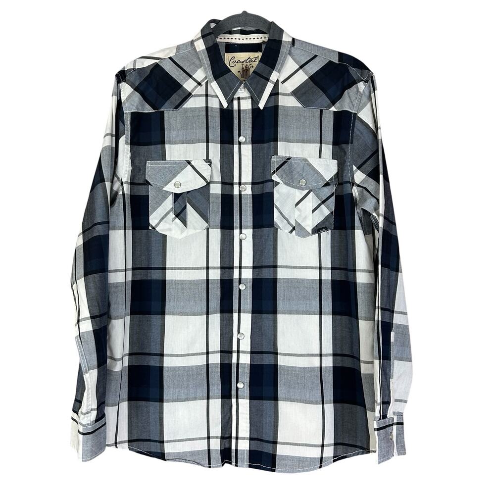 Coastal Mens Pearl Snap Shirt Size L Gray Blue White Plaid Western Rodeo Cowboy